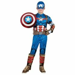 JAZWARES Marvel's Captain America Deluxe Youth Costume - Extra Small - Muscle Jumpsuit With Printed Design And Polyfill Stuffing Plus 3D Headpiece, Gloves, And Shield